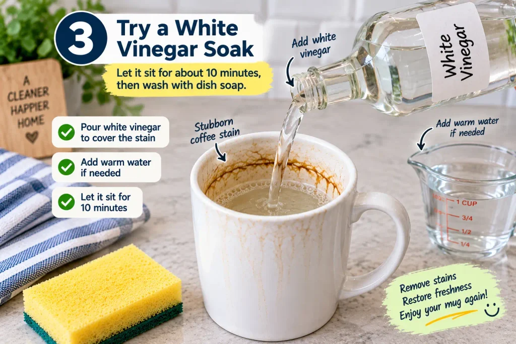 Using white vinegar to soak coffee stains inside a mug