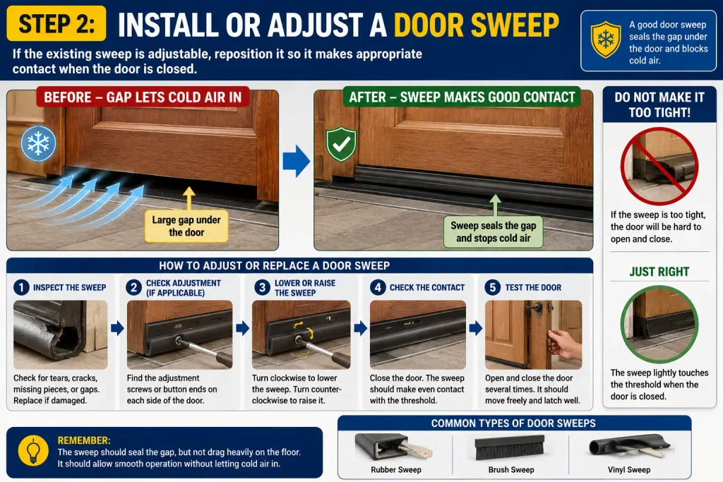 adjust door sweep to stop cold air under a drafty door