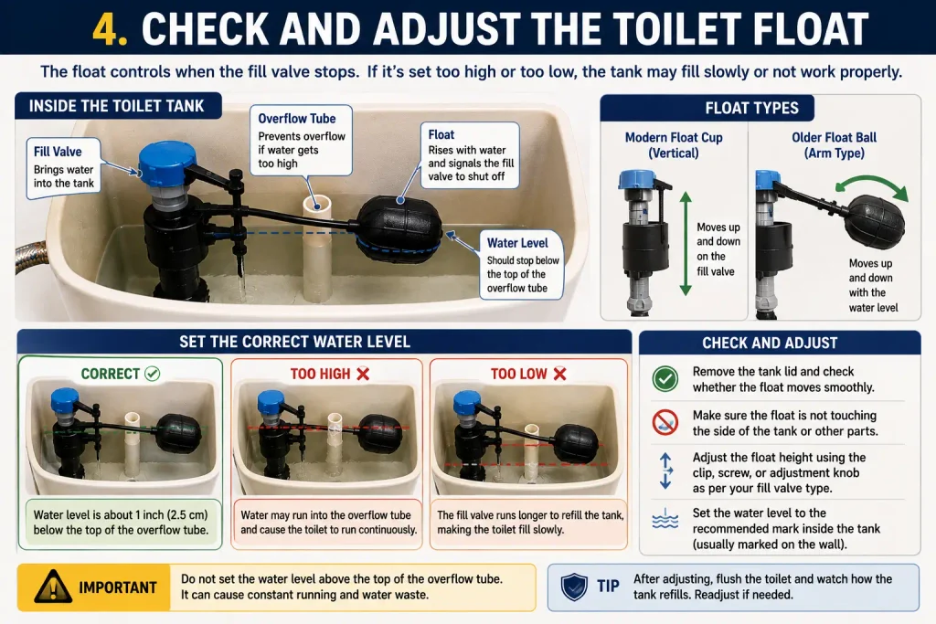 adjust toilet float when toilet fills slowly after flushing