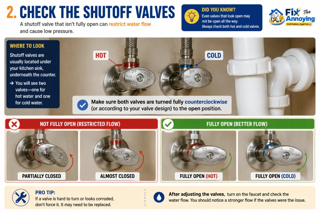 check shutoff valves when kitchen faucet has low water pressure