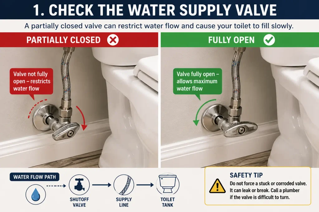 check water supply valve when toilet fills slowly after flushing