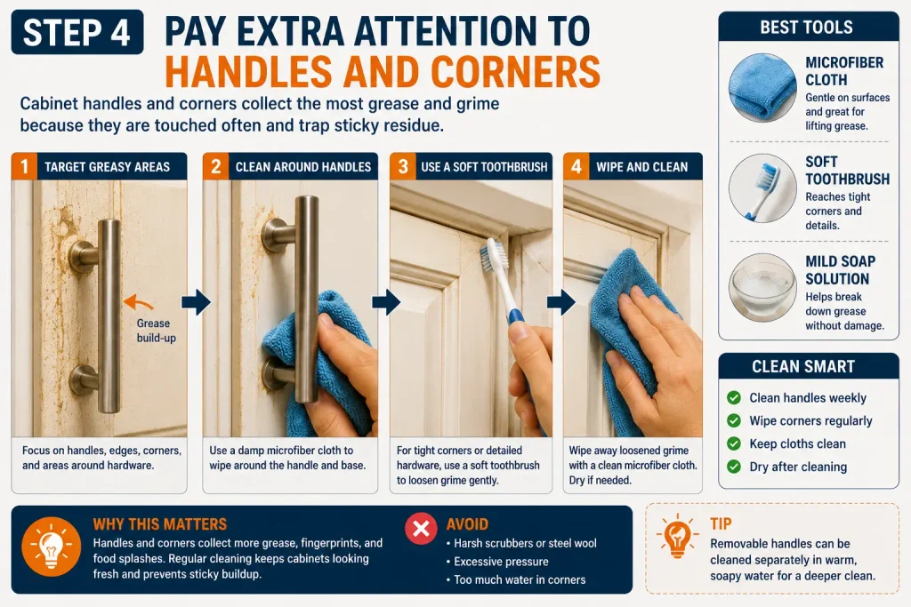clean grease around kitchen cabinet handles and corners