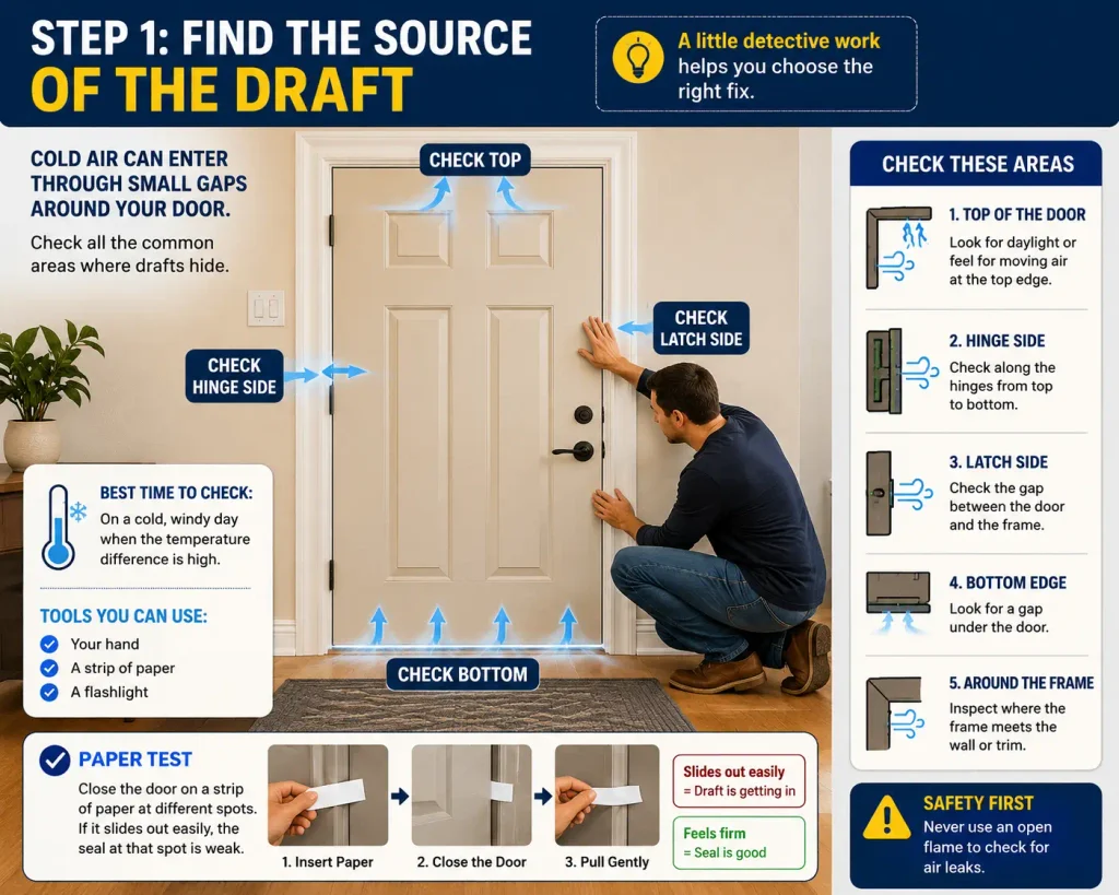 find where cold air is entering through a drafty door
