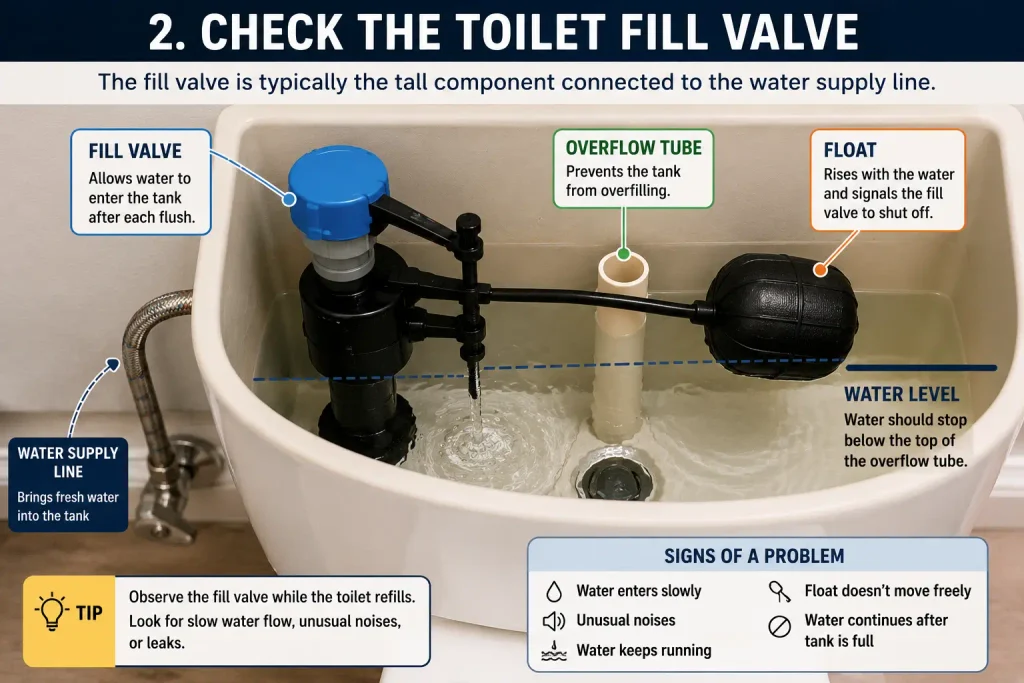 inspect fill valve when toilet fills slowly after flushing