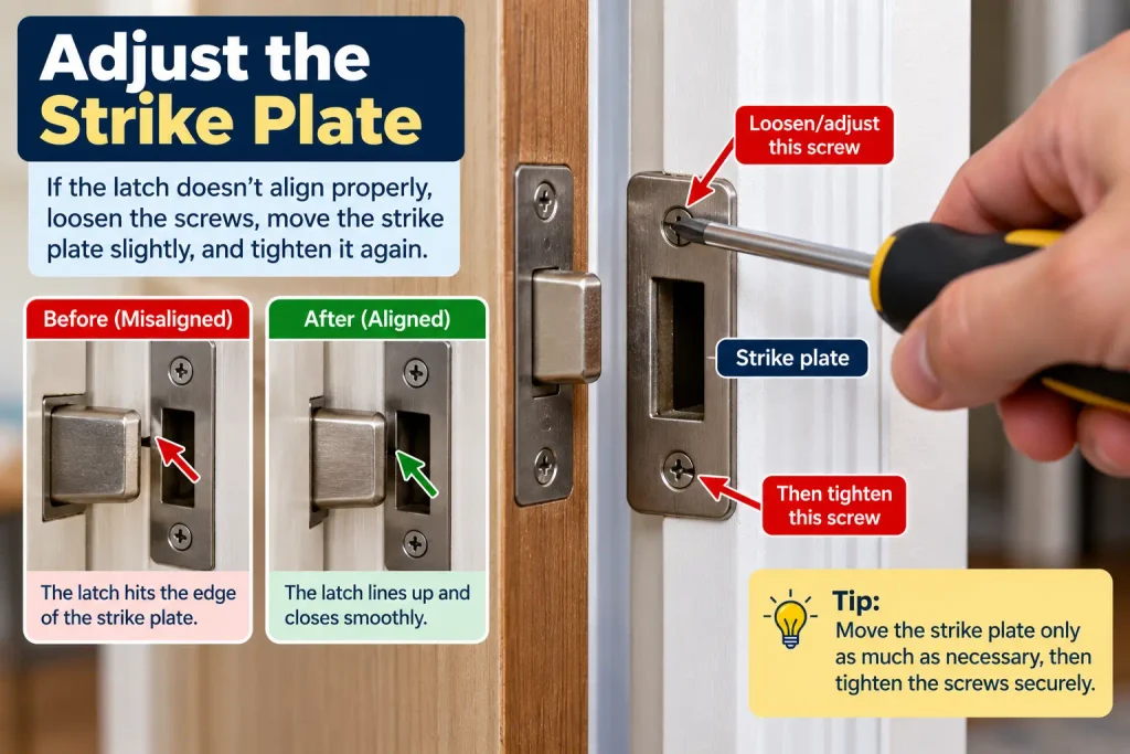 justing the strike plate on a sticking door