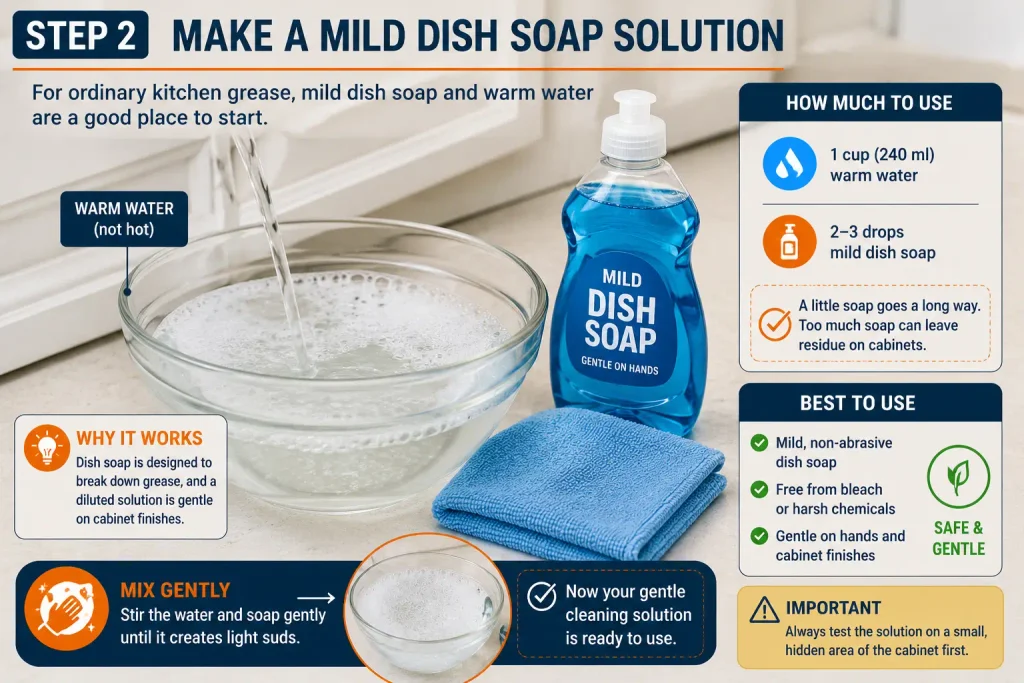 make mild dish soap solution to remove grease from kitchen cabinets