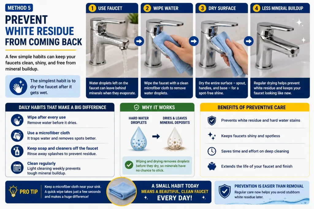 prevent white residue on faucets by drying after use