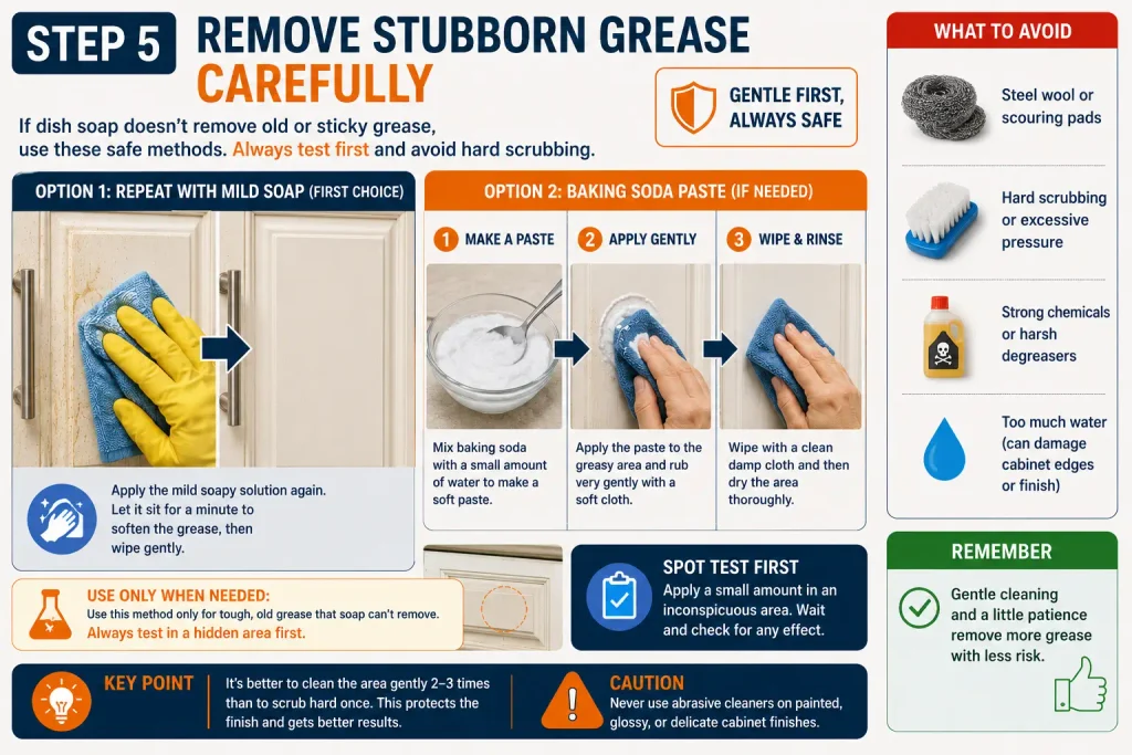 remove stubborn grease from kitchen cabinets without damaging finish