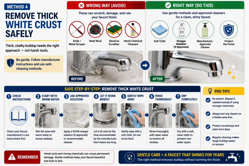 remove thick white crust from faucet without scratching the finish