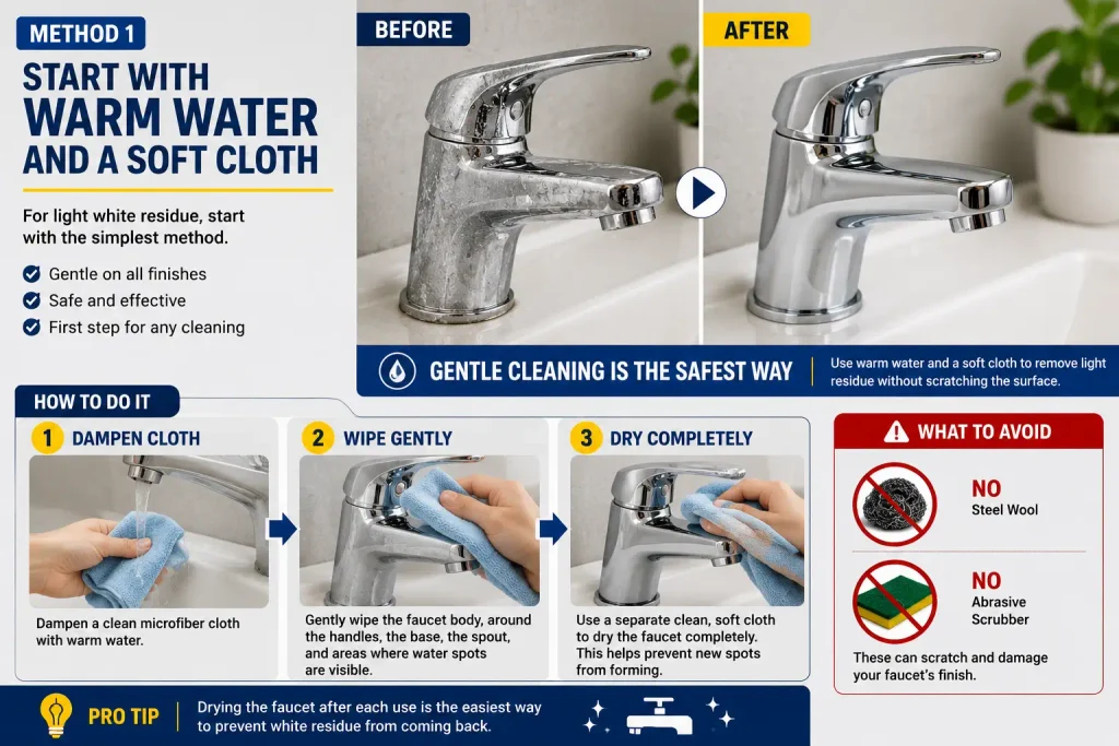 remove white residue from faucet with warm water and soft cloth