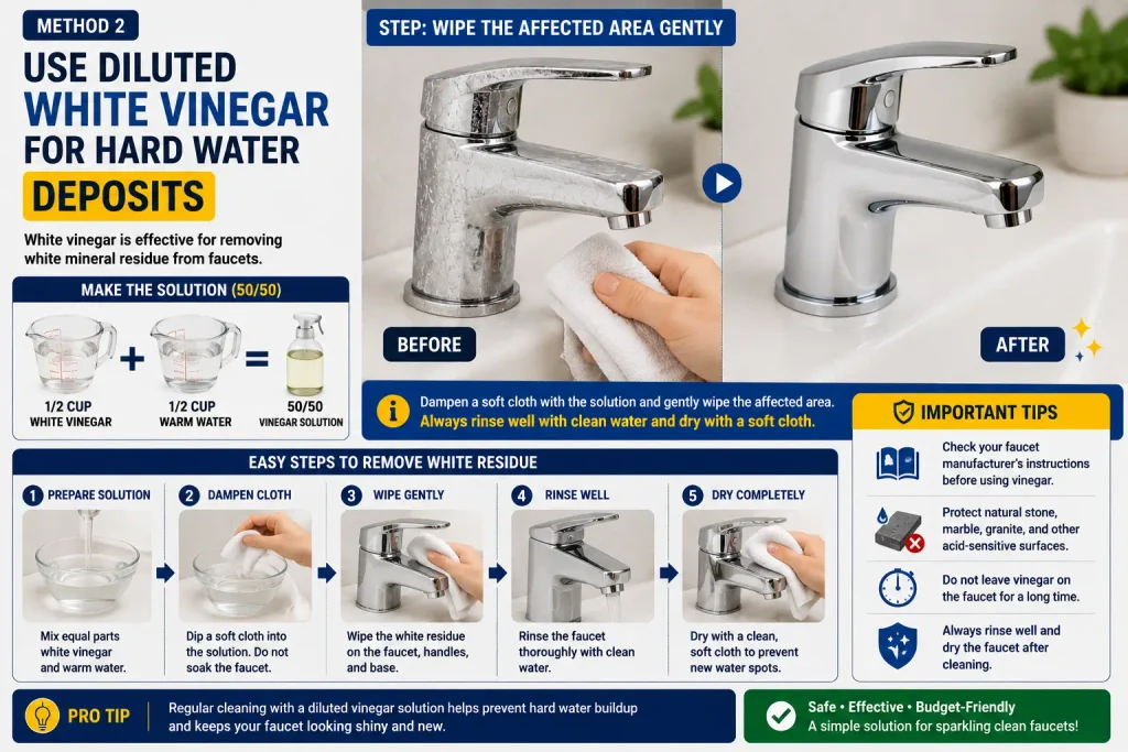 remove white residue from faucets with diluted white vinegar