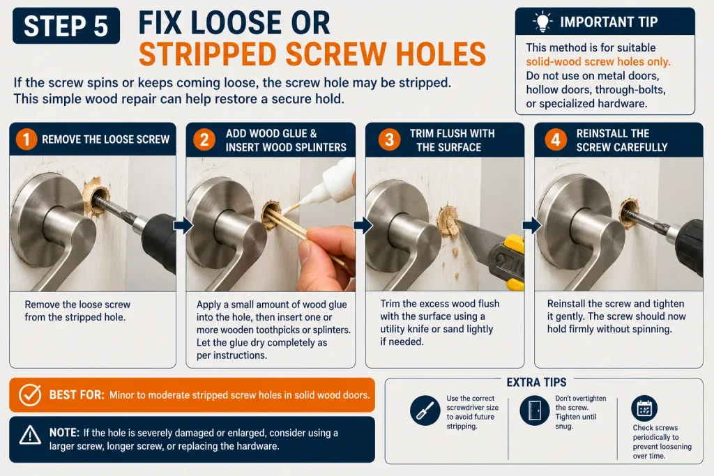 repair stripped screw hole on a loose door handle