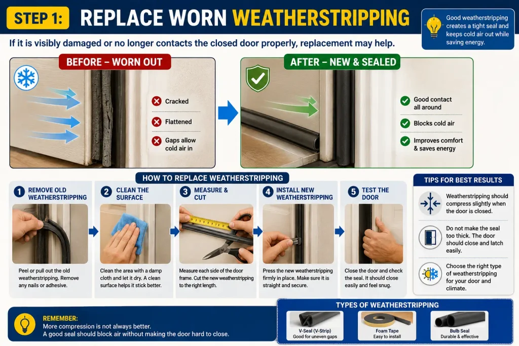 replace worn weatherstripping to fix a drafty door