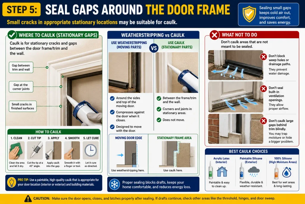 seal small gaps around a drafty door frame with caulk