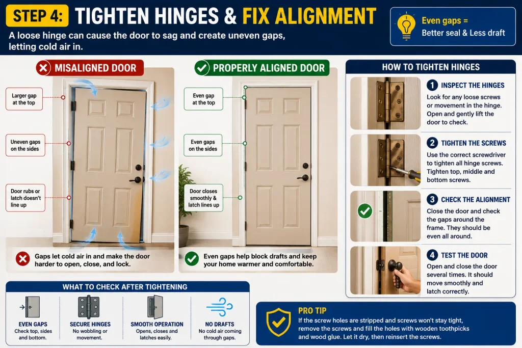 tighten loose hinges and align a drafty door