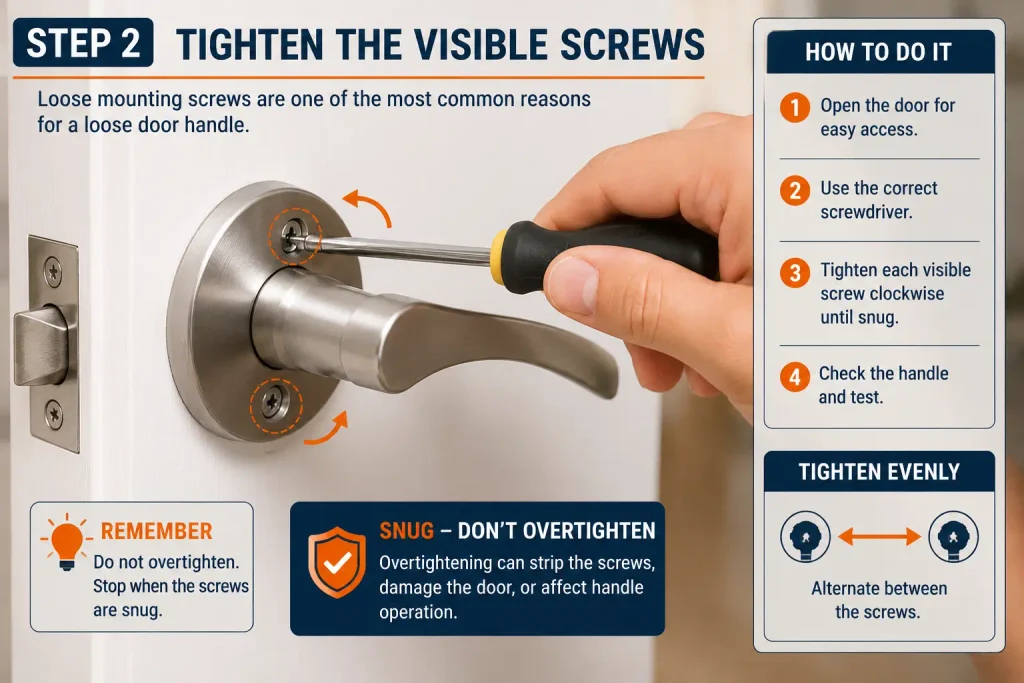 tighten visible screws to fix a loose door handle