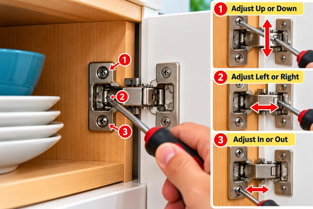 Adjusting a concealed cabinet hinge to correct cabinet door alignment