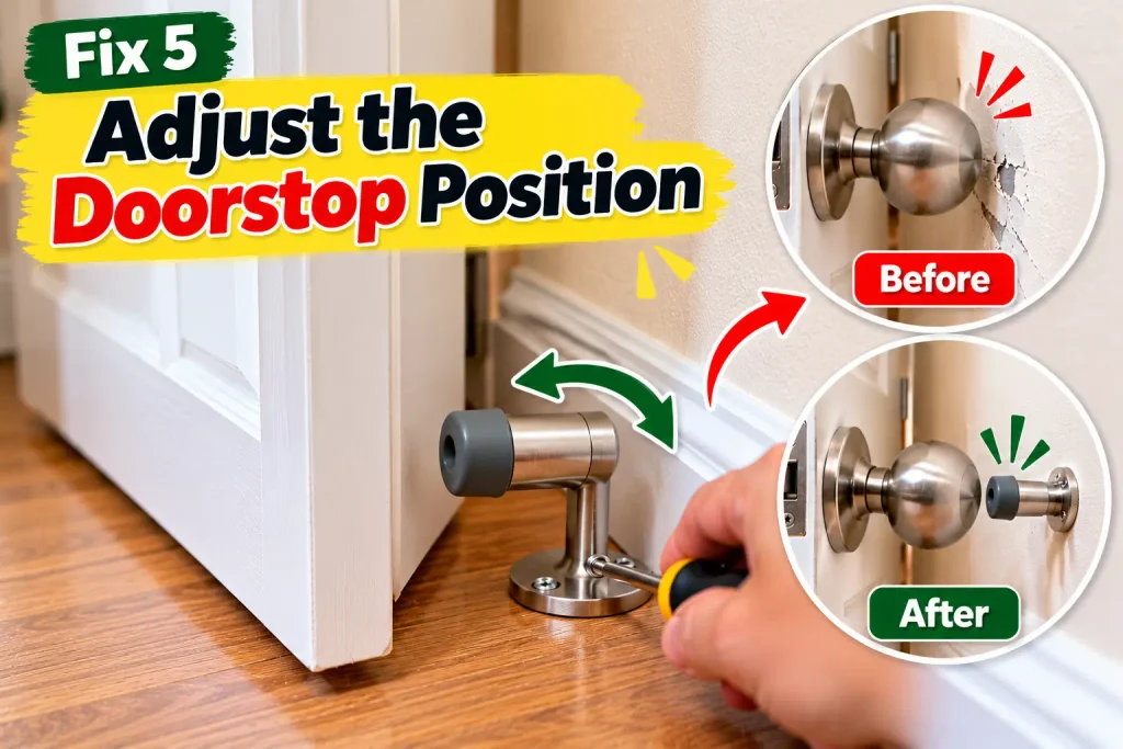 Adjusting a doorstop so an interior door stops before its handle reaches the wall