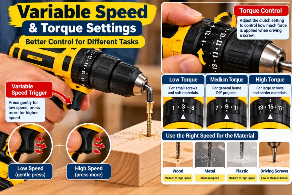 Adjusting drill speed and torque settings for driving screws