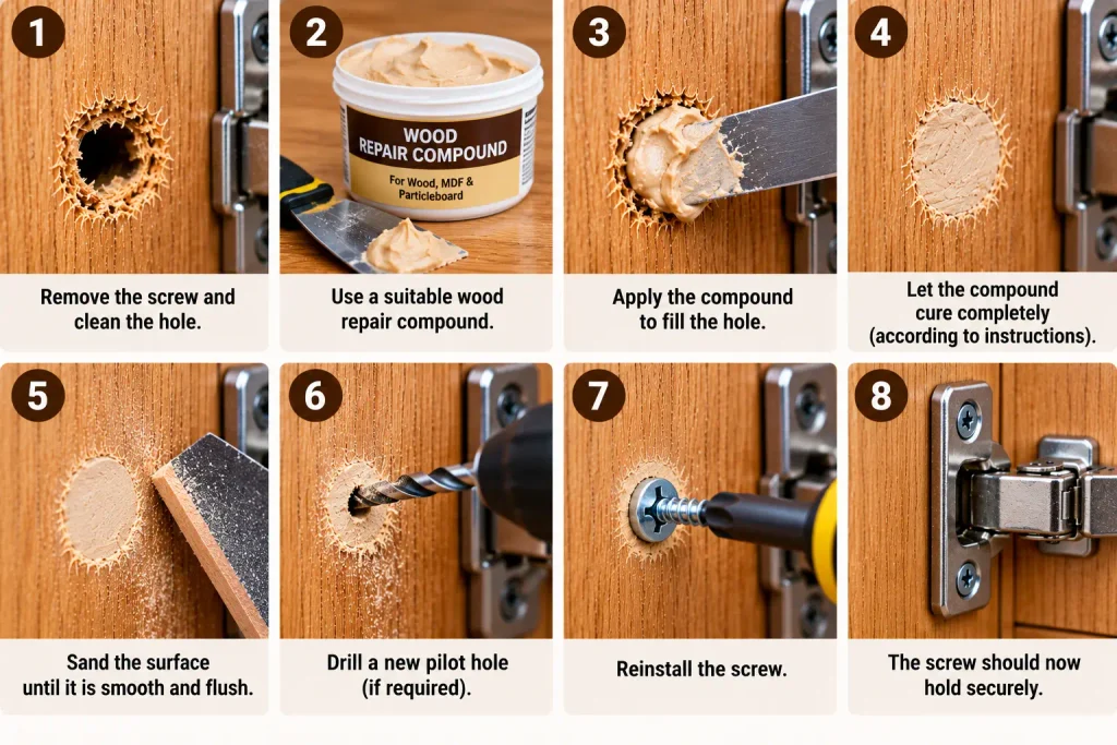 Applying a suitable wood repair compound to a damaged screw hole