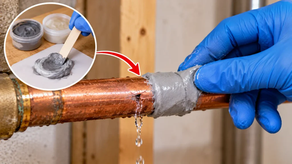 Applying pipe repair epoxy to a small leak in a damaged pipe