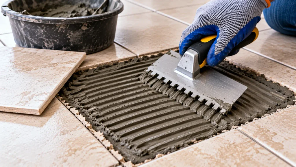 Applying tile adhesive with a notched trowel before resetting a floor tile