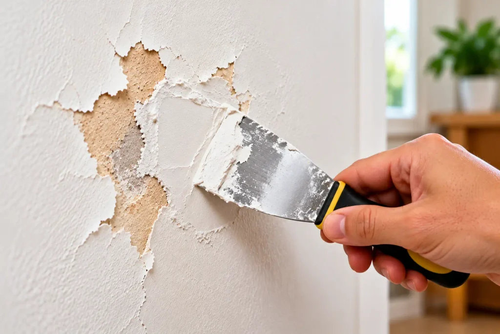 Applying wall filler with a putty knife to repair a damaged paint patch