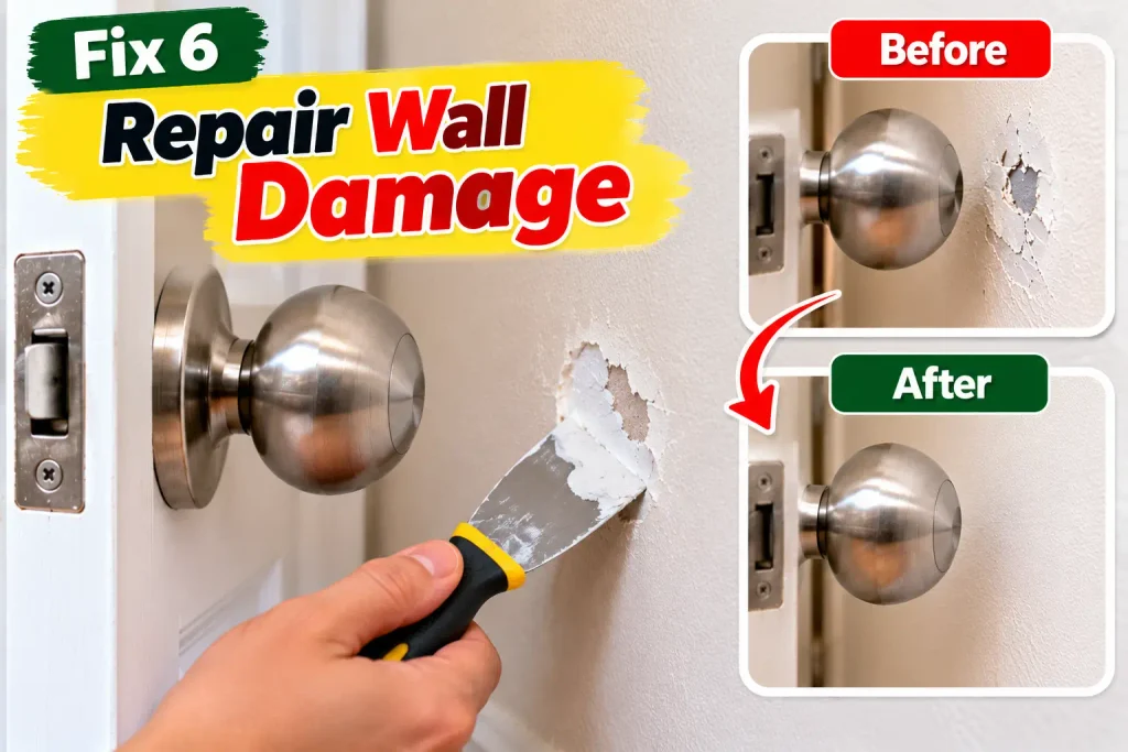 Applying wall repair compound to a small dent in painted drywall caused by a door handle