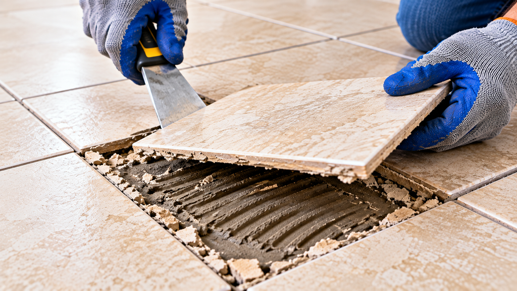 Carefully lifting a loose floor tile with a putty knife