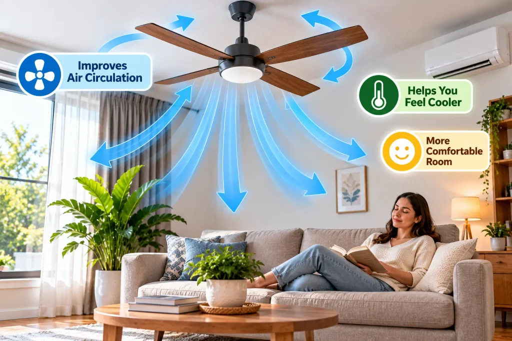 Ceiling fan circulating air above a living room seating area
