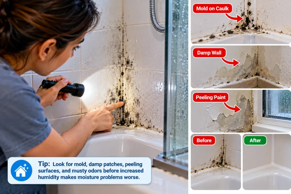 Checking a bathroom wall and caulk for mold and dampness before monsoon