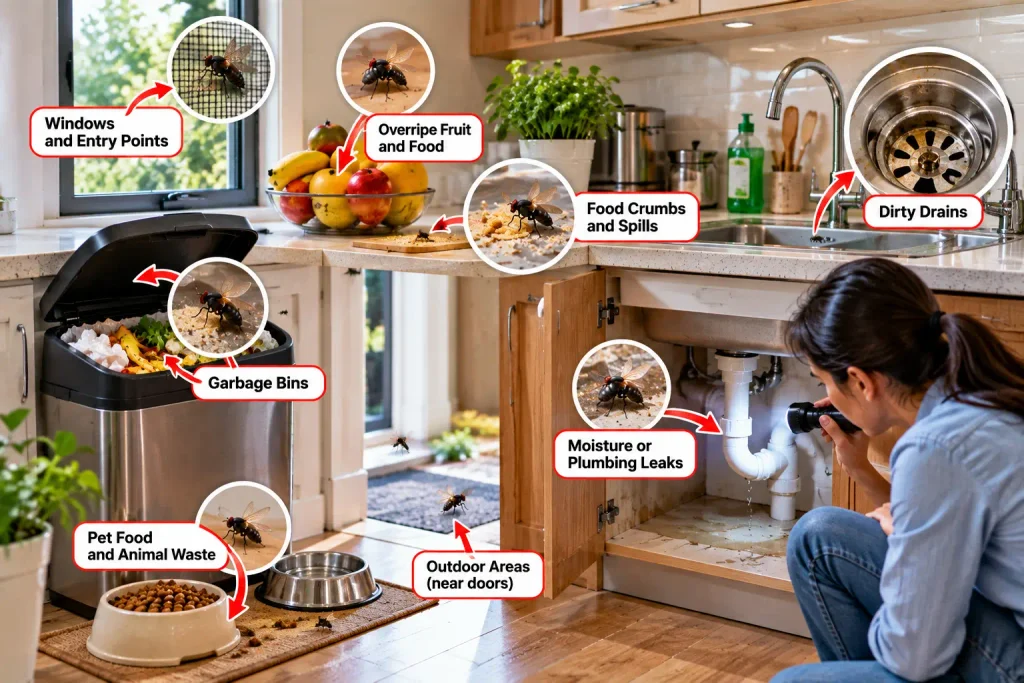 Checking a kitchen for common sources of flies including food garbage drains and entry points