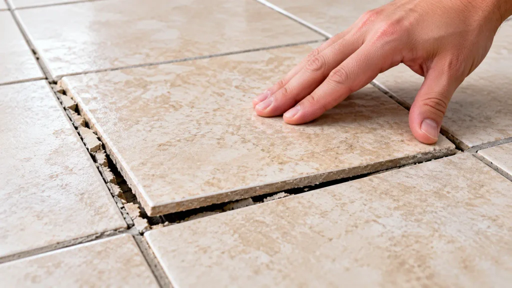 Checking a loose floor tile for movement and damaged grout