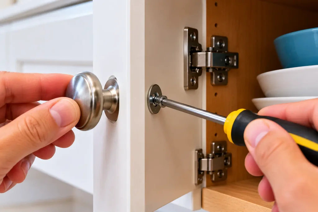 Checking cabinet knob mounting screw length inside a kitchen cabinet door