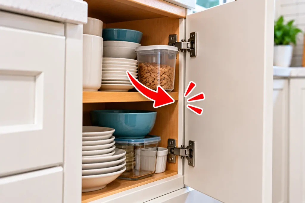 Checking dishes and storage items that may prevent a kitchen cabinet door from closing