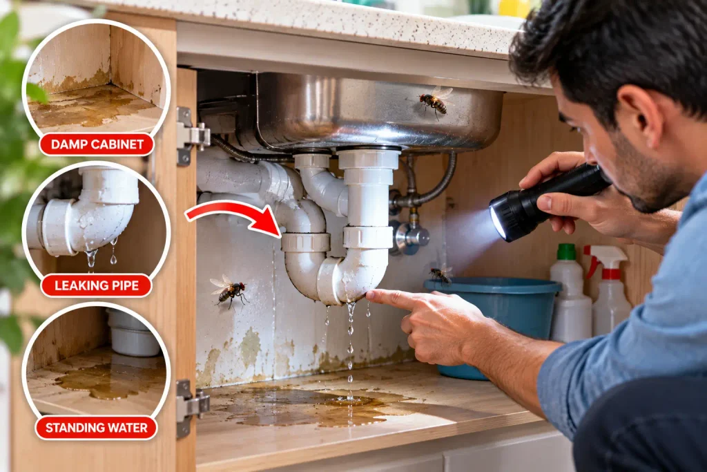 Checking under a kitchen sink for moisture and plumbing leaks that may attract flies