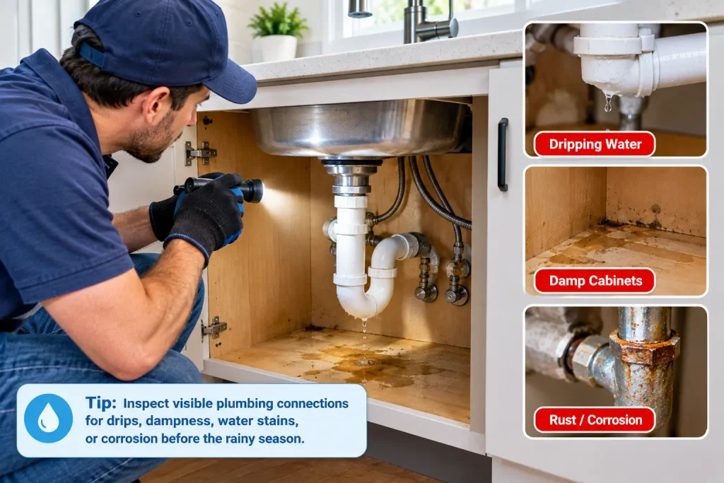 Checking under-sink plumbing for leaks before monsoon