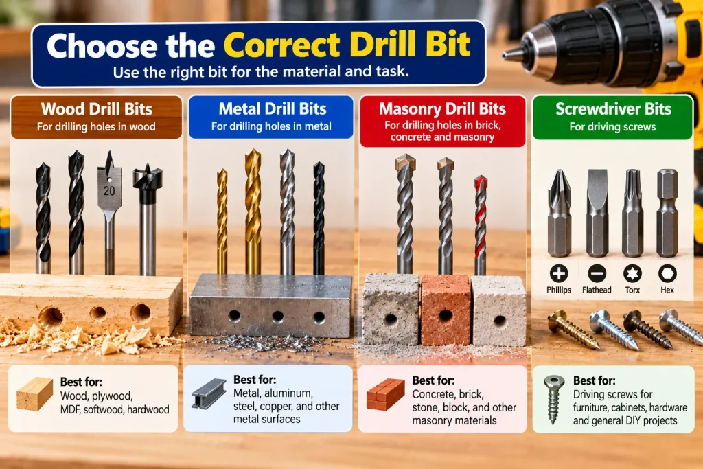 Choosing the correct cordless drill bit for wood metal masonry and screws