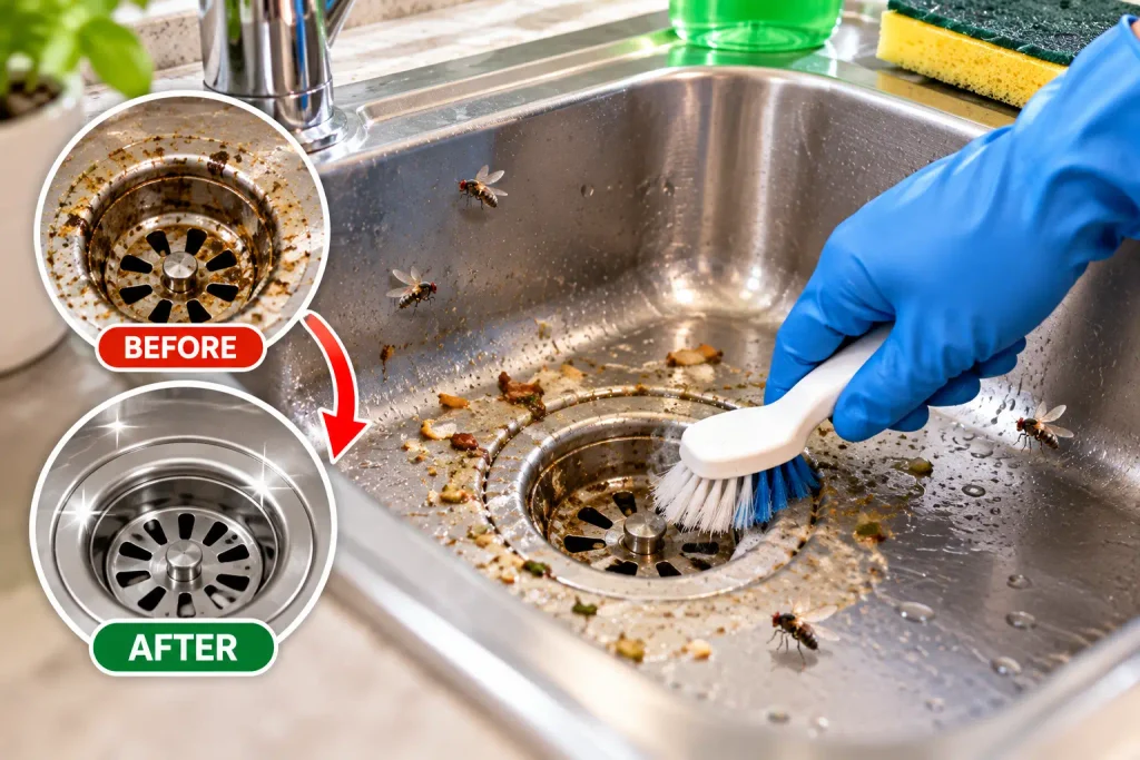 Cleaning a kitchen sink drain to reduce small flies