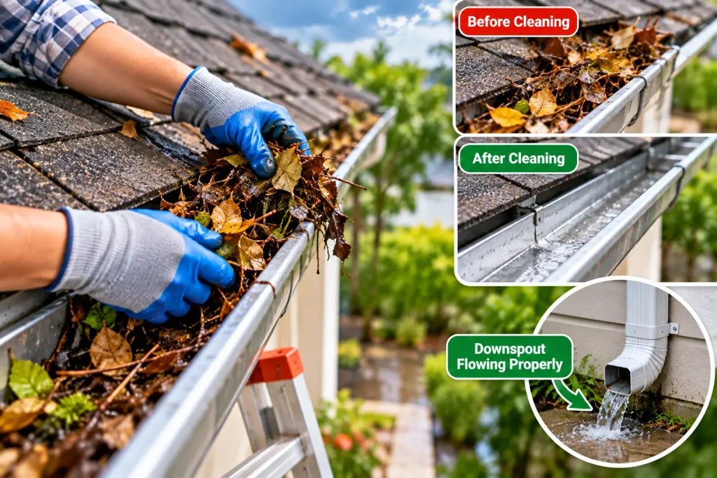 Cleaning leaves and debris from a home gutter before monsoon