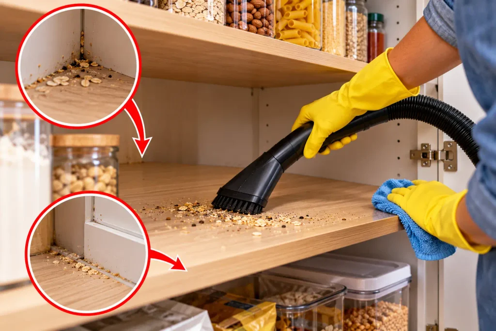 Cleaning pantry shelves and corners to help prevent pantry moths