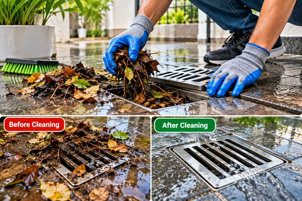 Clearing leaves and debris from an outdoor drain before monsoon