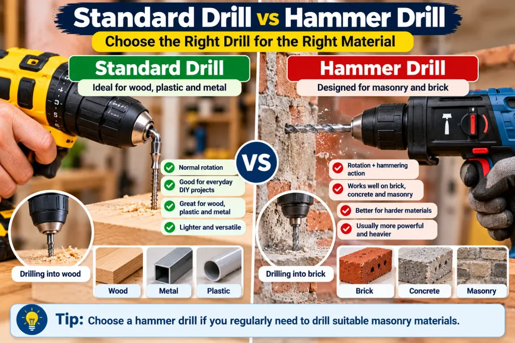 Comparing a standard drill and hammer drill for wood and masonry