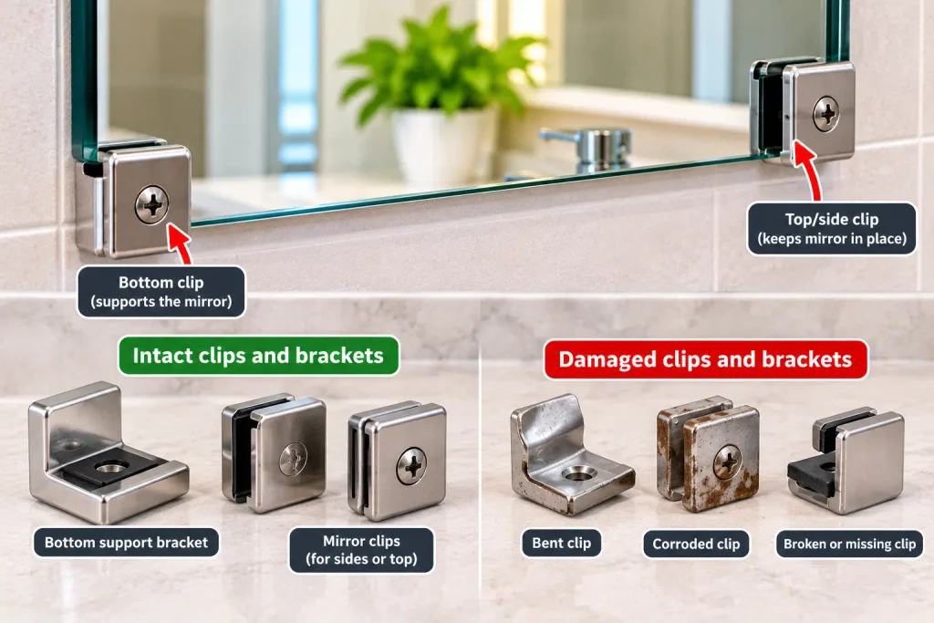 Comparing damaged and intact clips and brackets for bathroom mirror mounting