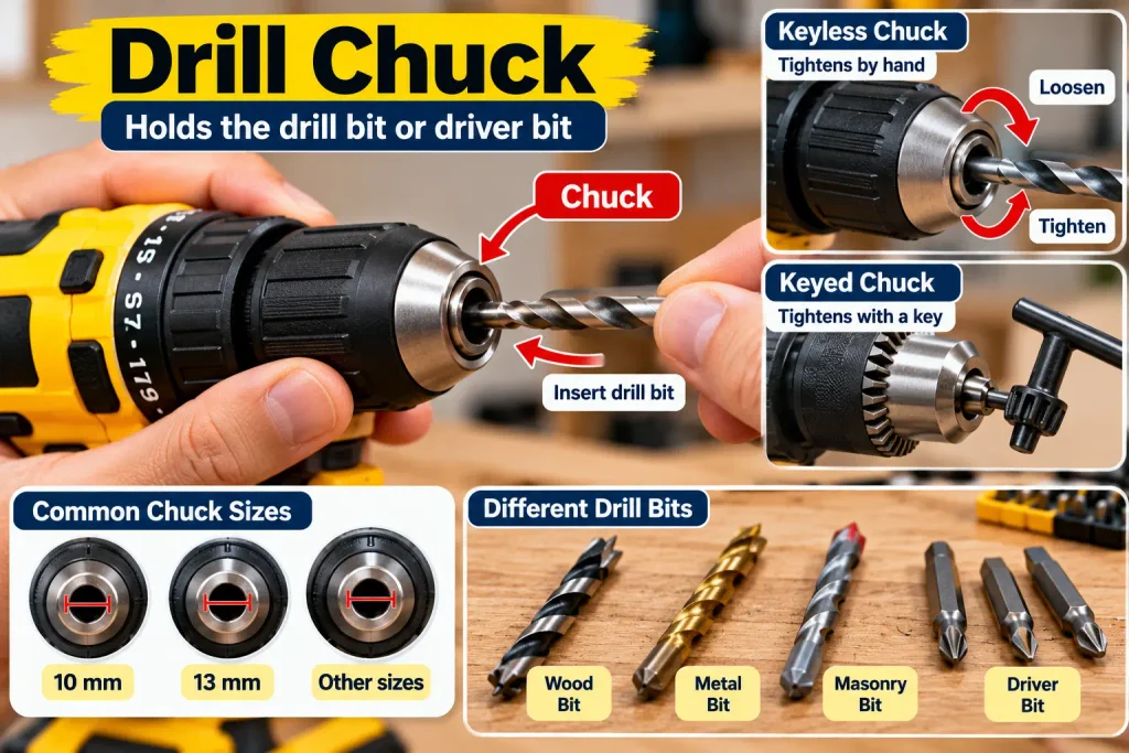 Cordless drill chuck holding a drill bit during tool selection