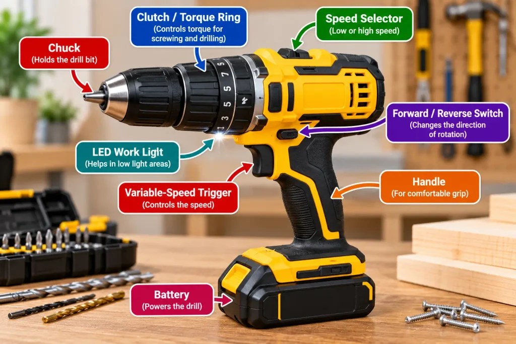 Cordless drill parts including chuck clutch trigger speed selector and battery