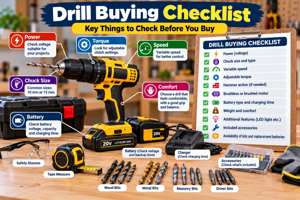 Drill buying checklist with cordless drill battery bits and DIY tools