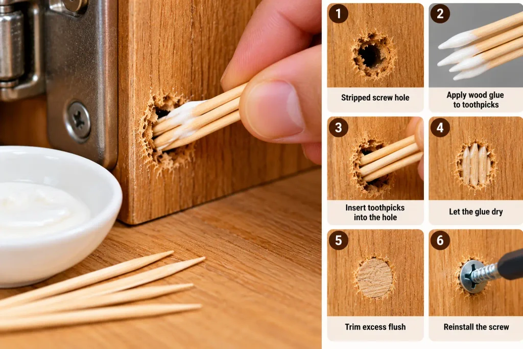 Filling a stripped screw hole in wood with wooden toothpicks and wood glue