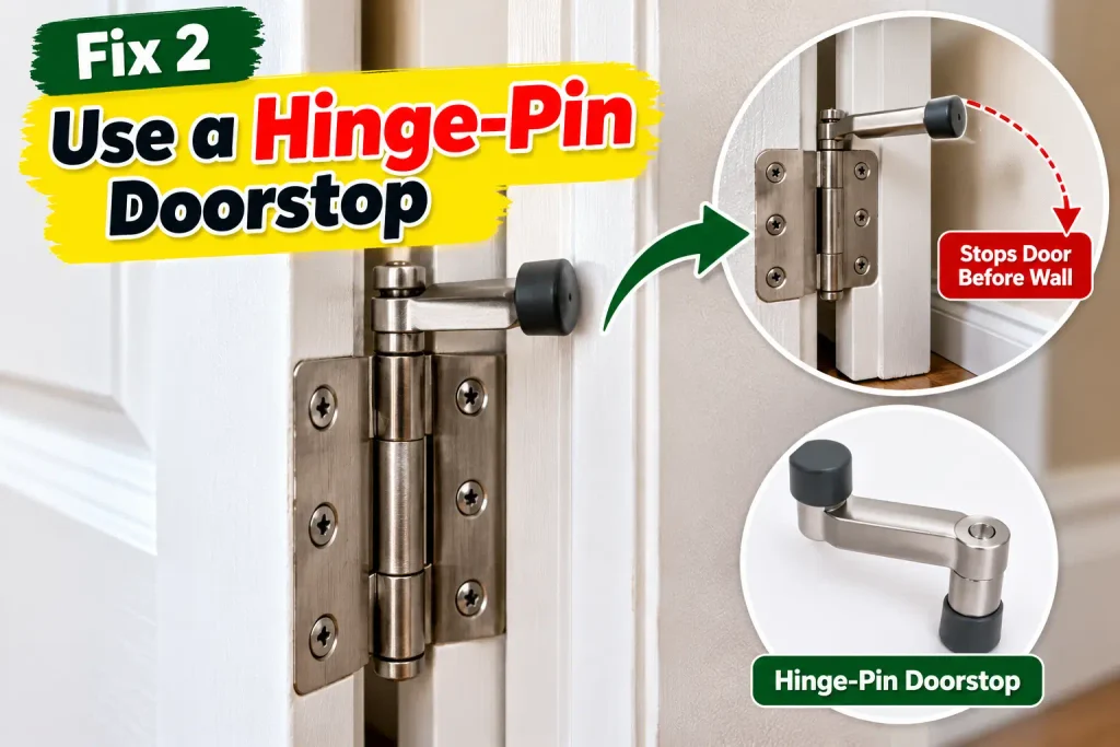 Hinge-pin doorstop installed on an interior door hinge to limit its opening angle