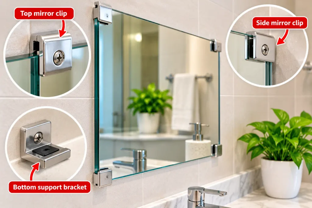 Identifying chrome clips and brackets on a bathroom mirror mount
